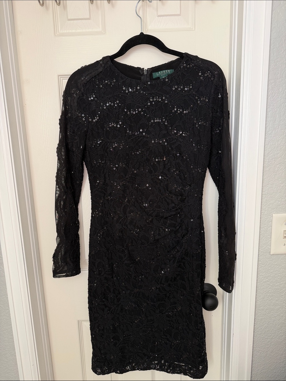 Ralph Lauren Black Long-Sleeve Lace Sequin Sheath Dress